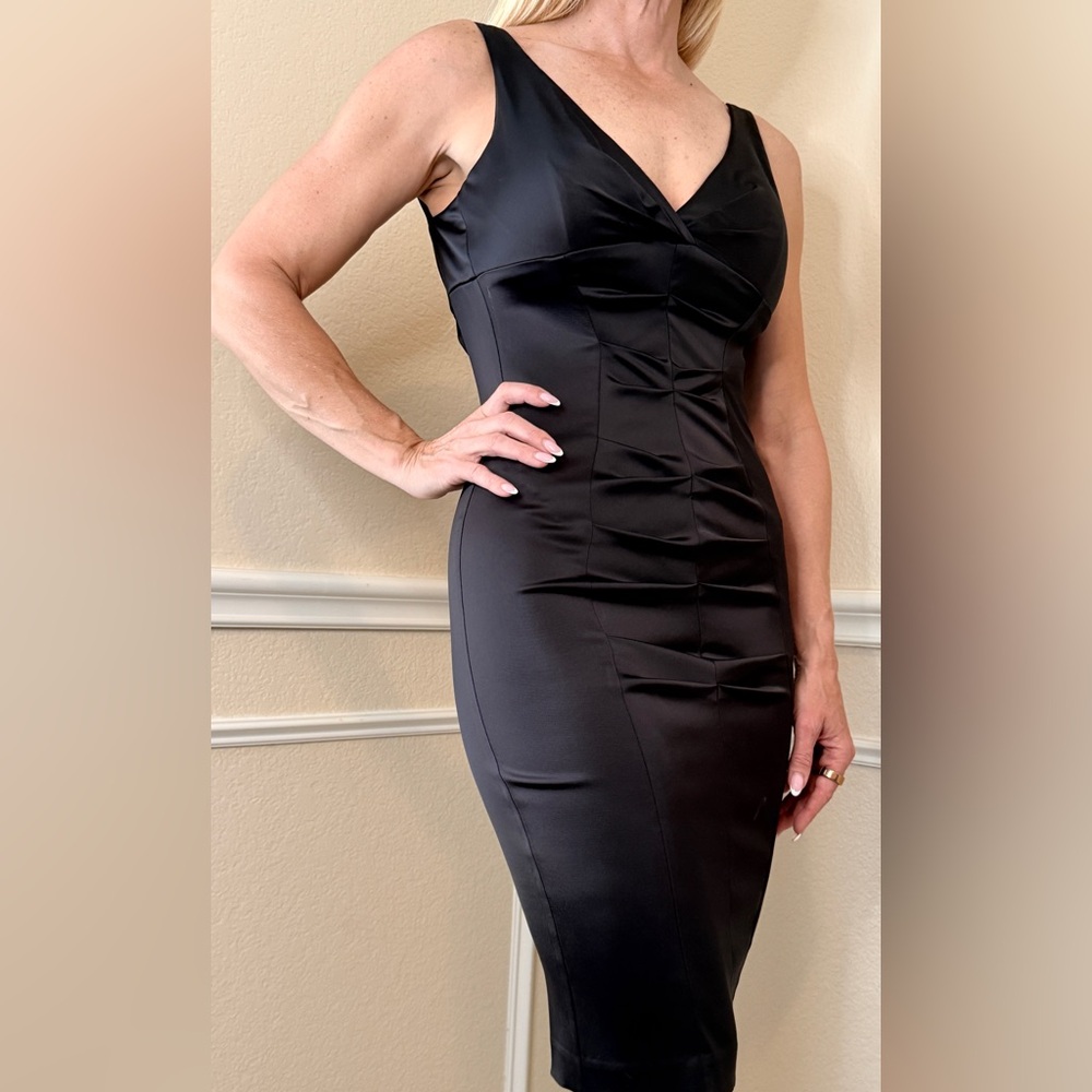 Cache Black Satin Ruched Midi Dress